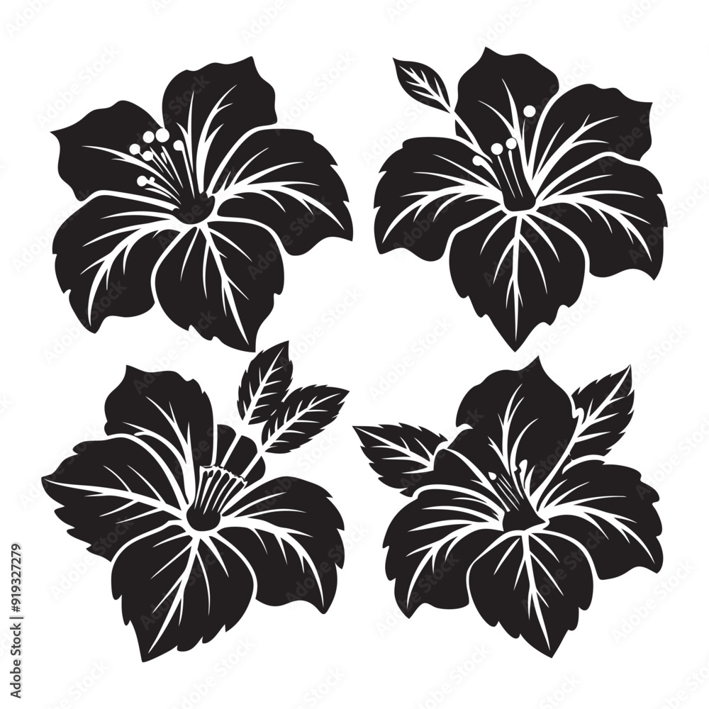 Obraz premium Vector set of black silhouettes of tropical hibiscus flowers isolated on a white background