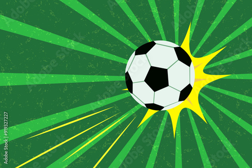 Football victory concept. Kicked ball hitting the goal. Vintage retro pop image on textured green background
