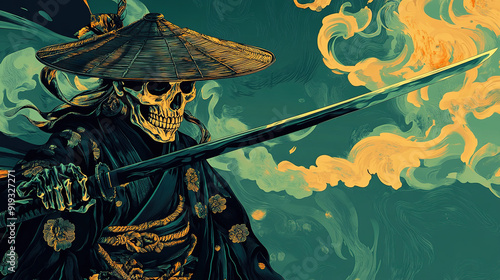  Intricate vector illustration of a skeleton samurai in traditional Japanese armor, elegantly adorned with a hat and wielding a katana. Set against a colorful background featuring a dark blue-green sm