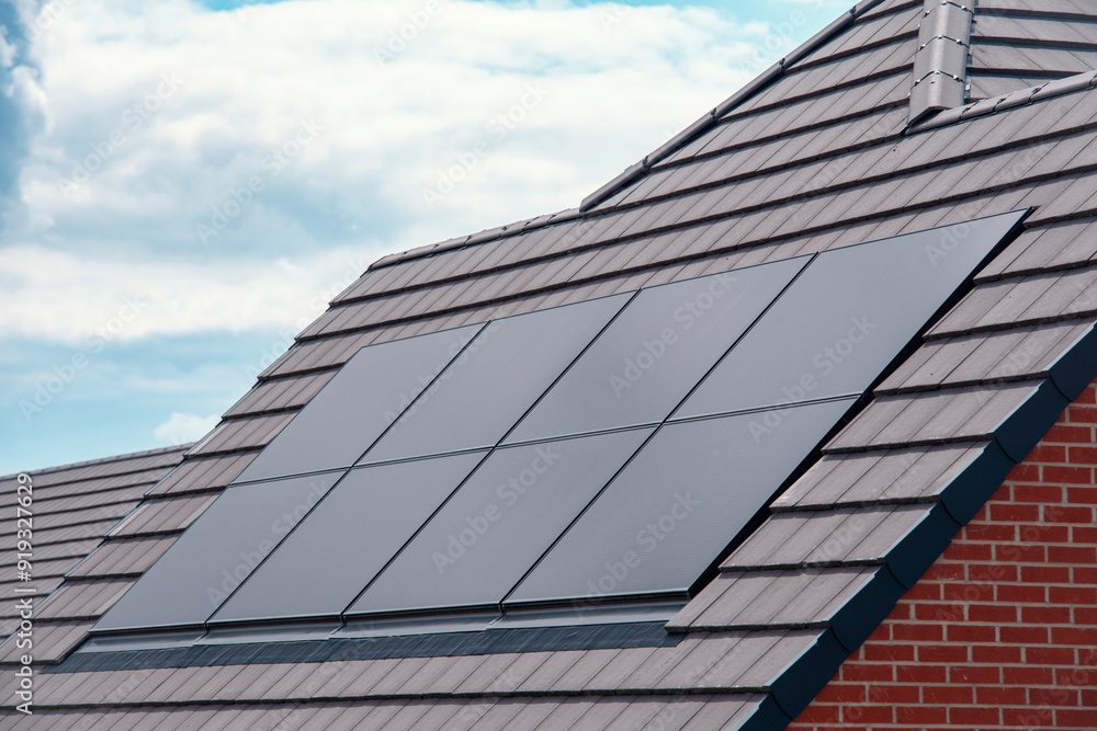 Solar panels installed on modern house roof under bright blue sky Solar panels installed on modern house roof under bright blue sky