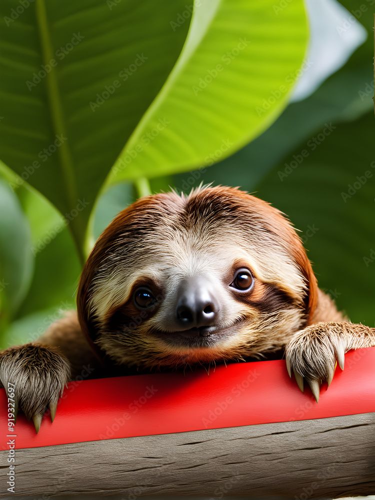 The cute sloth is lying on the table and looking up. The cute sloth is lying on the table and looking up.