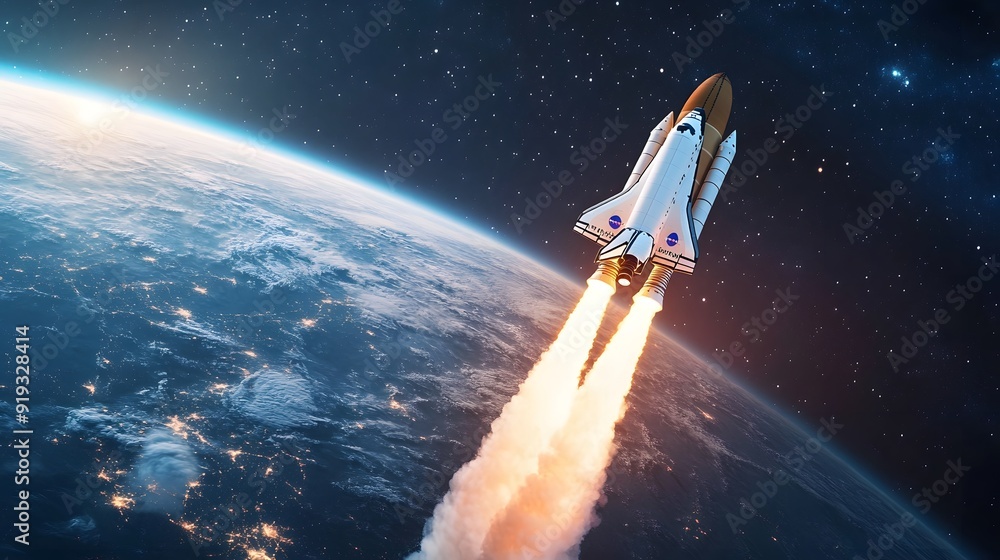 New space rocket lift off. Space shuttle with smoke and blast takes off into space on a background of blue planet earth with amazing sunset. Successful start of a space mission. Travel to Mars