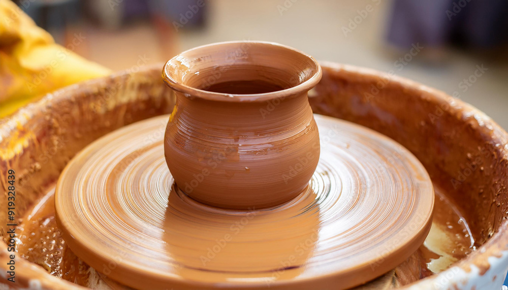 Wet clay pot on potter's wheel. Hand crafted art. Wet clay pot on potter's wheel. Hand crafted art.