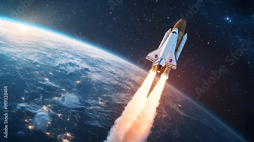 Obraz na płótnie New space rocket lift off. Space shuttle with smoke and blast takes off into space on a background of blue planet earth with amazing sunset. Successful start of a space mission. Travel to Mars w salonie