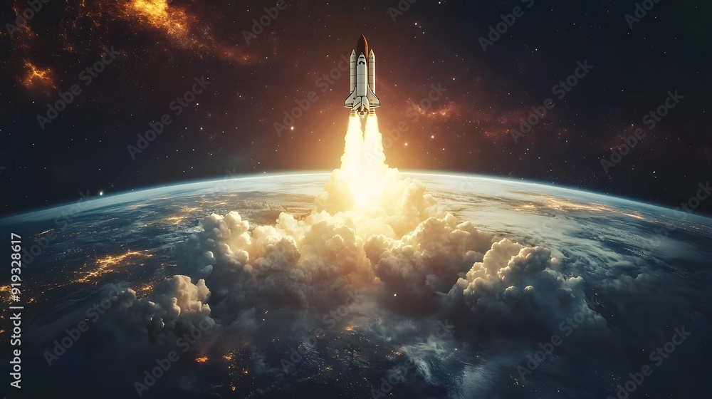 Naklejka premium New space rocket lift off. Space shuttle with smoke and blast takes off into space on a background of blue planet earth with amazing sunset. Successful start of a space mission. Travel to Mars