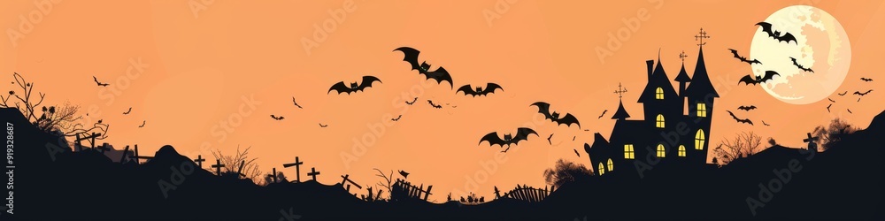 A spooky Halloween scene with a haunted house, bats flying, a full moon, and a graveyard in the foreground. A spooky Halloween scene with a haunted house, bats flying, a full moon, and a graveyard in the foreground.