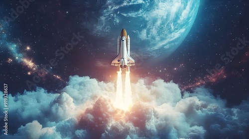 Fototapeta Naklejka Na Ścianę i Meble -  New space rocket lift off. Space shuttle with smoke and blast takes off into space on a background of blue planet earth with amazing sunset. Successful start of a space mission. Travel to Mars