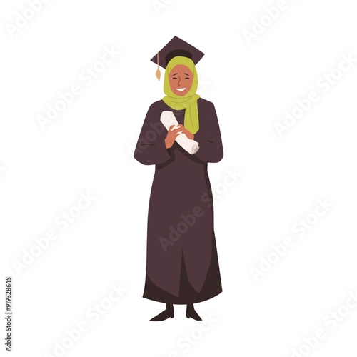 Vector illustration joyful girl in a hijab receiving a diploma on a white background