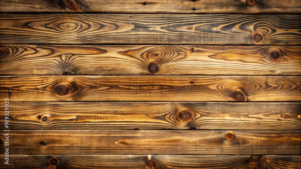 Naklejka premium Rustic weathered wooden planks arranged horizontally, creating a warm and cozy textured background with natural grain and knots, perfect for design and presentation use.