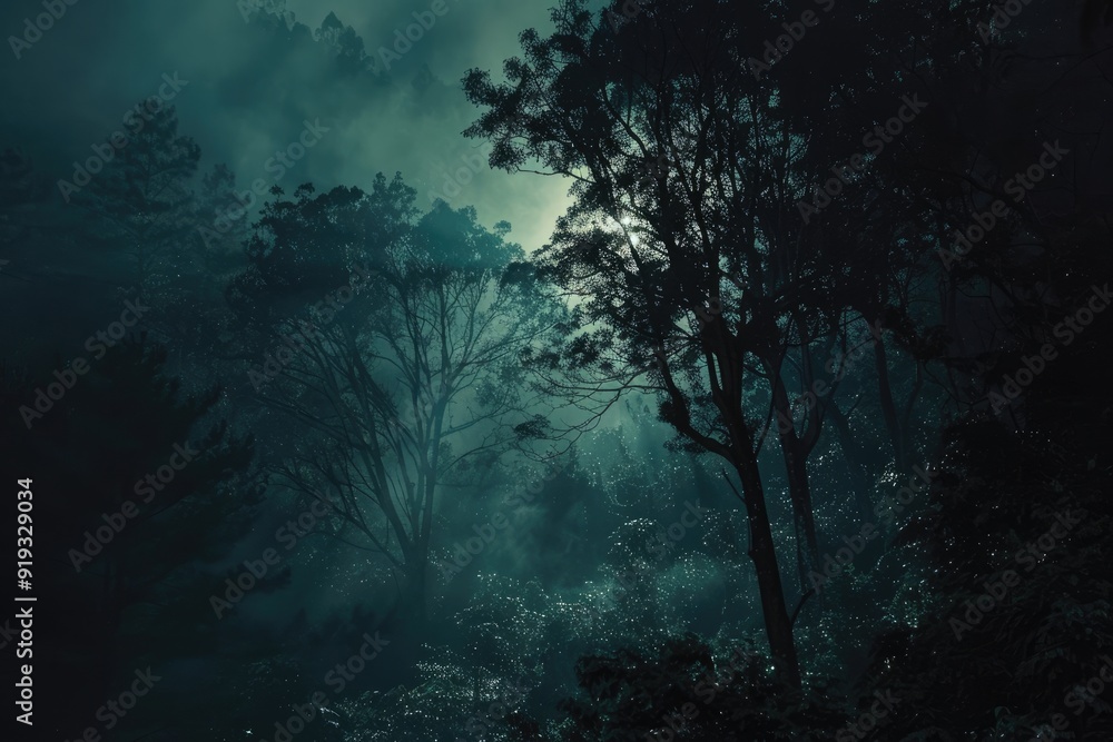 Spooky dark forest at night with thick fog creeping through the trees, eerie shadows cast by branches, and a faint light glowing on the trunks, creating a chilling atmosphere of horror and mystery Spooky dark forest at night with thick fog creeping through the trees, eerie shadows cast by branches, and a faint light glowing on the trunks, creating a chilling atmosphere of horror and mystery