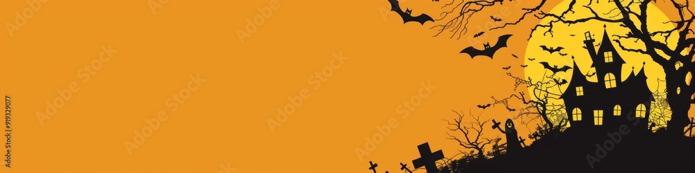 Spooky Halloween silhouette with a haunted house, bats, and a full moon against an orange background. Spooky Halloween silhouette with a haunted house, bats, and a full moon against an orange background.