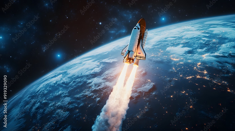 New space rocket lift off. Space shuttle with smoke and blast takes off into space on a background of blue planet earth with amazing sunset. Successful start of a space mission. Travel to Mars