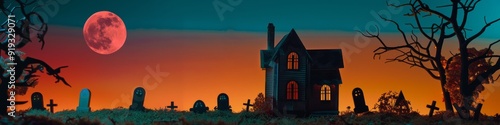 A spooky Halloween scene with a haunted house, a graveyard, and a blood red moon.