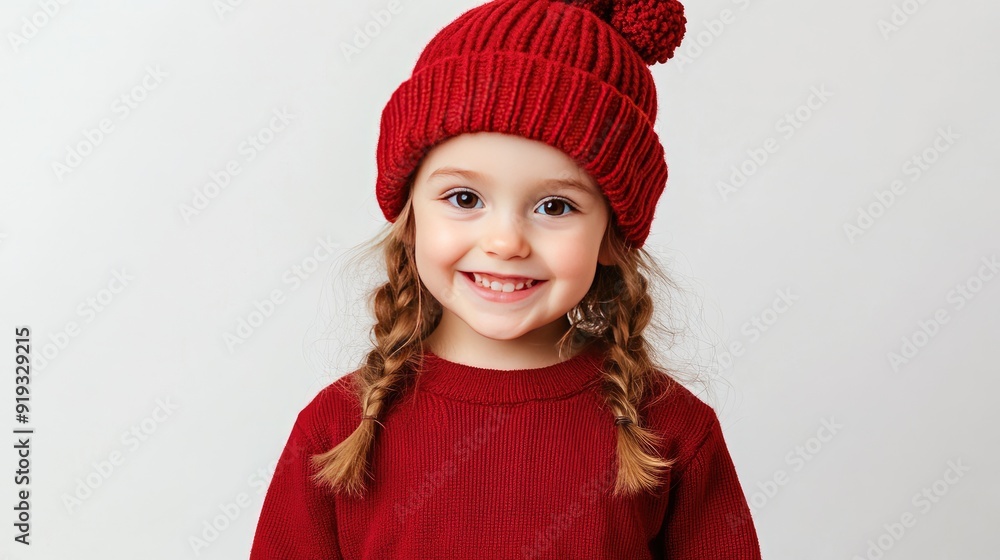A cheerful little girl with long hair smiles brightly, dressed in a cozy winter sweater and hat, exuding warmth against a soft, light background A cheerful little girl with long hair smiles brightly, dressed in a cozy winter sweater and hat, exuding warmth against a soft, light background