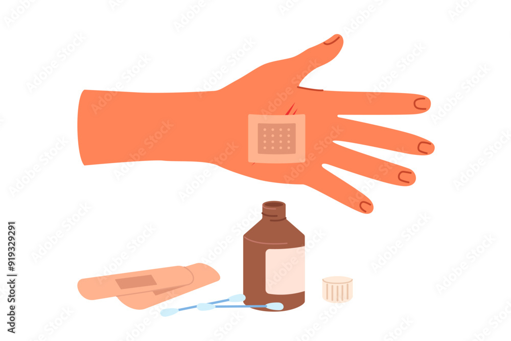 Patch on palm and medicinal ointment in glass bottle help stop bleeding and avoid blood poisoning. First aid patch for person who has been wounded due to careless handling of knife Patch on palm and medicinal ointment in glass bottle help stop bleeding and avoid blood poisoning. First aid patch for person who has been wounded due to careless handling of knife