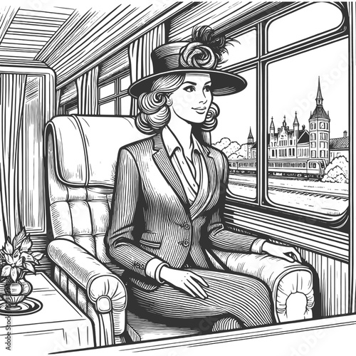 Stylish woman in a suit and hat, seated in a vintage train carriage, gazing out the window in black and white illustration. Generative ai vector illustration. Engraving sketch imitation