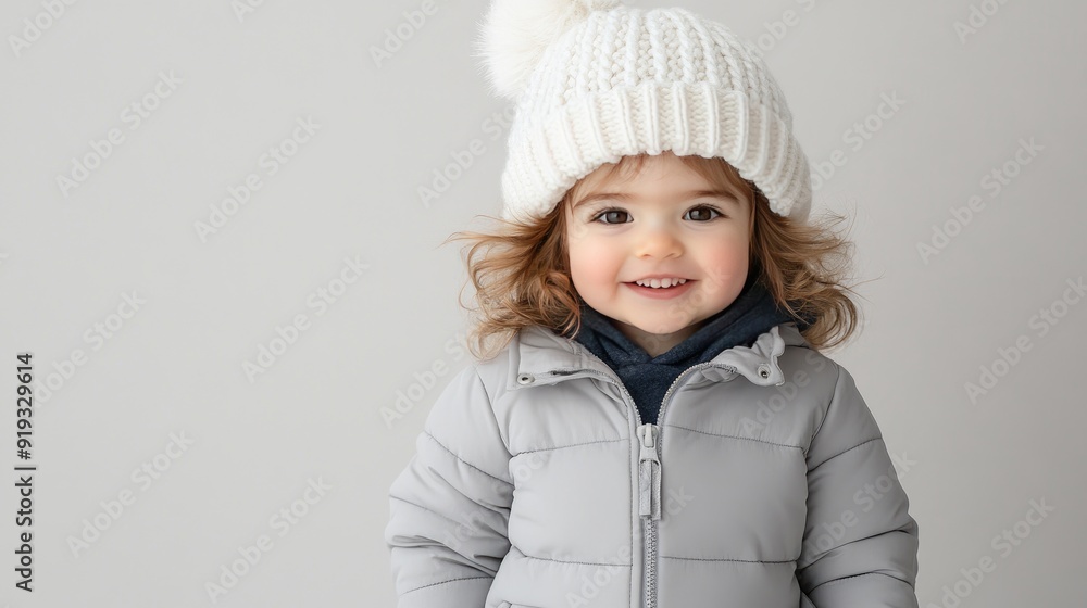 A cheerful little girl with long hair smiles brightly, dressed in a cozy winter sweater and hat, exuding warmth against a soft, light background A cheerful little girl with long hair smiles brightly, dressed in a cozy winter sweater and hat, exuding warmth against a soft, light background