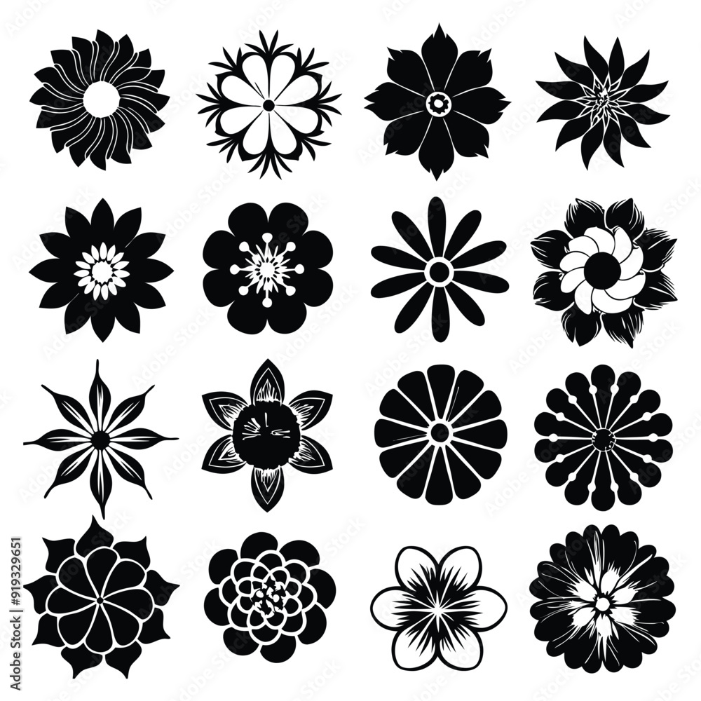 A collection of black and white flowers with a white background A collection of black and white flowers with a white background