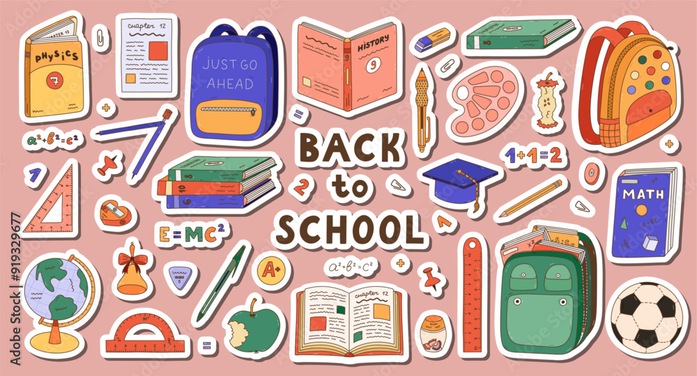 Big set of stickers doodle back to school clipart for planners, notebooks. Ready for print list of cute stickers. Hand drawn collection of schoolbag, textbook, globe, cute stationery, soccer ball. Big set of stickers doodle back to school clipart for planners, notebooks. Ready for print list of cute stickers. Hand drawn collection of schoolbag, textbook, globe, cute stationery, soccer ball.