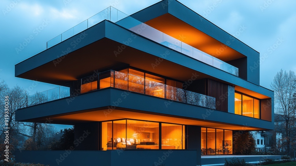 Sleek Modern Building with Warm Interior Lighting in Nature Sleek Modern Building with Warm Interior Lighting in Nature