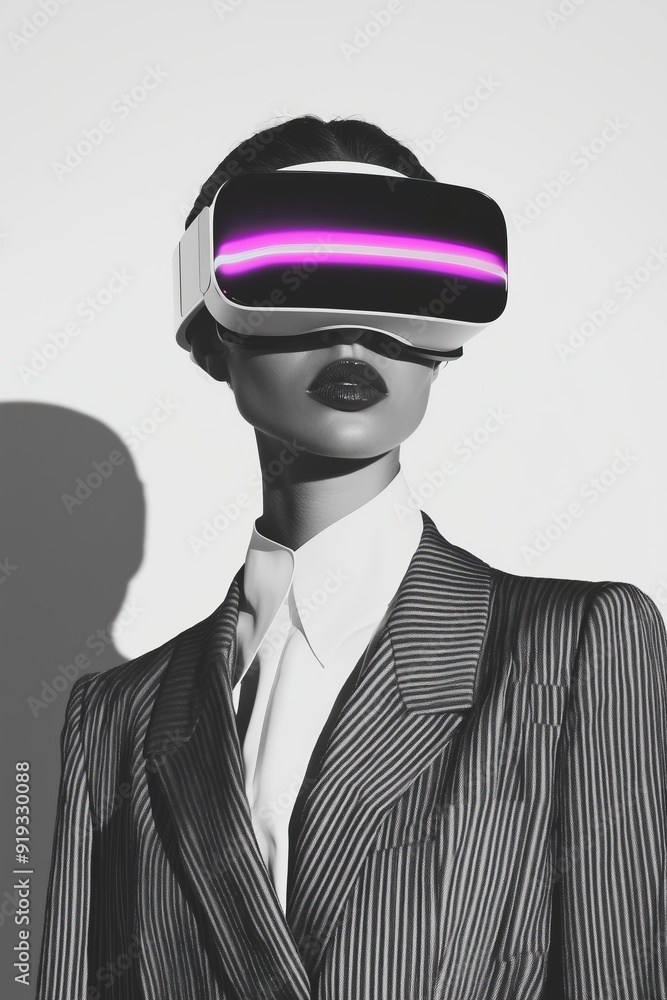 black and white womans portrait in a suit, very stylish, woman is wearing bright neon color VR headset black and white womans portrait in a suit, very stylish, woman is wearing bright neon color VR headset