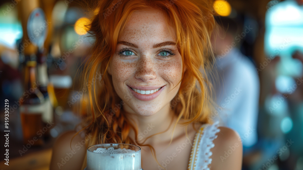 Smiling young woman with curly hair in a bar setting. Smiling young woman with curly hair in a bar setting.