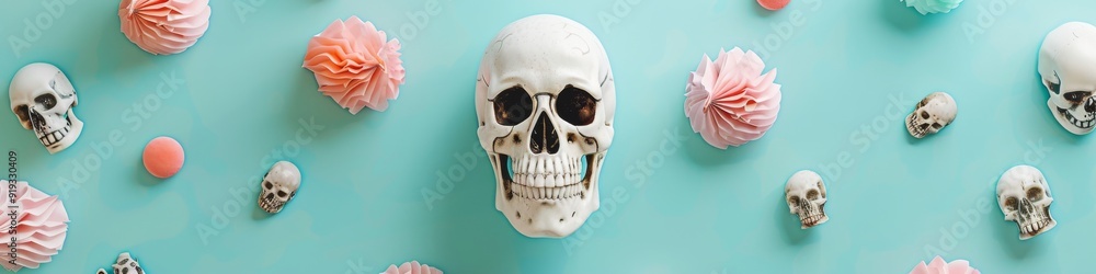 Obraz premium A white skull surrounded by pink and blue meringue flowers on a blue background.