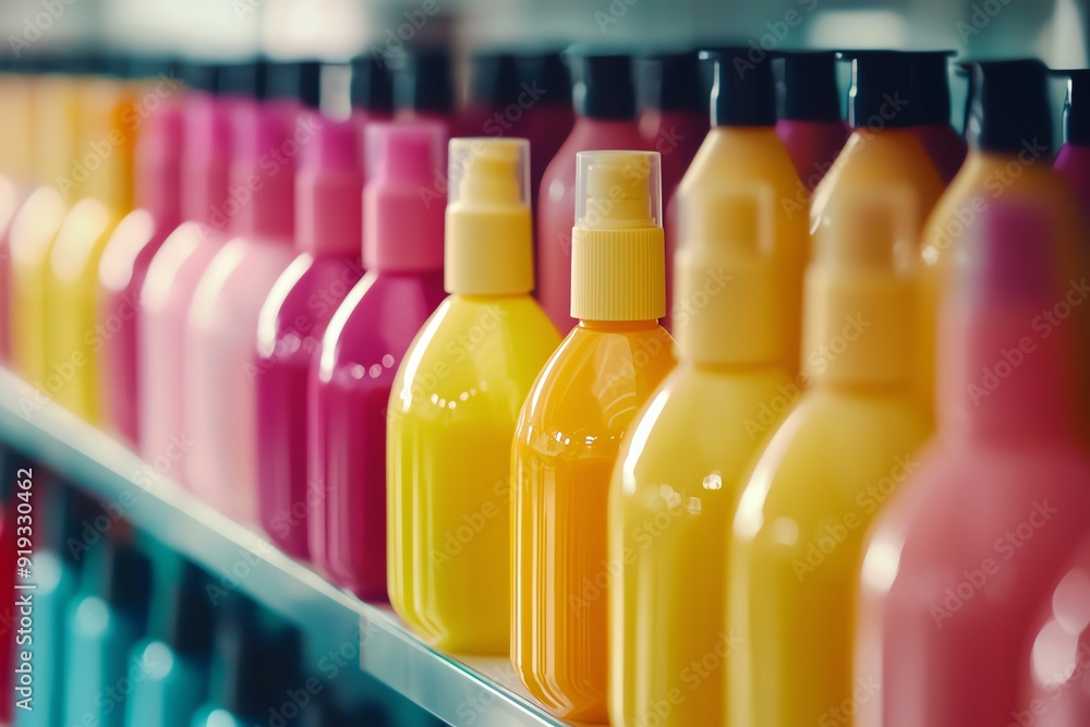 A colorful array of shampoo bottles on a shelf, showcasing vibrant shades and clean design, ideal for beauty and personal care themes. A colorful array of shampoo bottles on a shelf, showcasing vibrant shades and clean design, ideal for beauty and personal care themes.