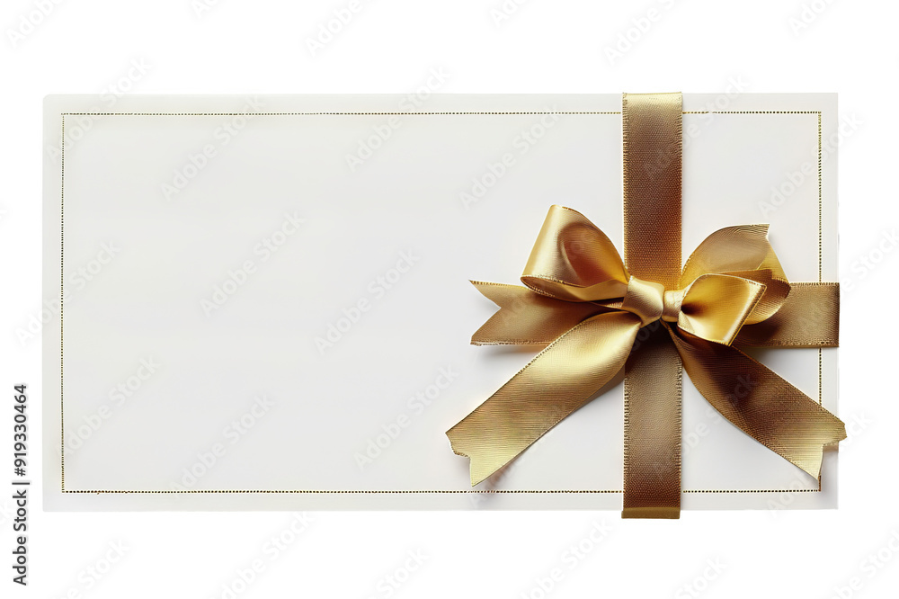 A blank white gift card with a gold ribbon bow or an empty gift signboard on transparent background A blank white gift card with a gold ribbon bow or an empty gift signboard on transparent background