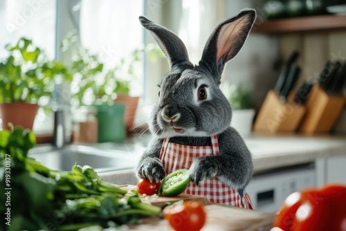 A black-furred rabbit wearing an apron slices fresh vegetables on a wooden counter in a bright, cheerful kitchen