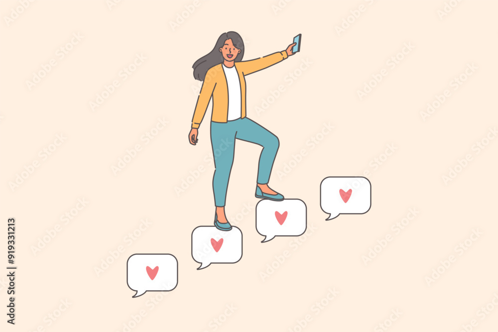 Fototapeta premium Successful woman blogger attracts subscribers and climbs ladder of likes from online fans