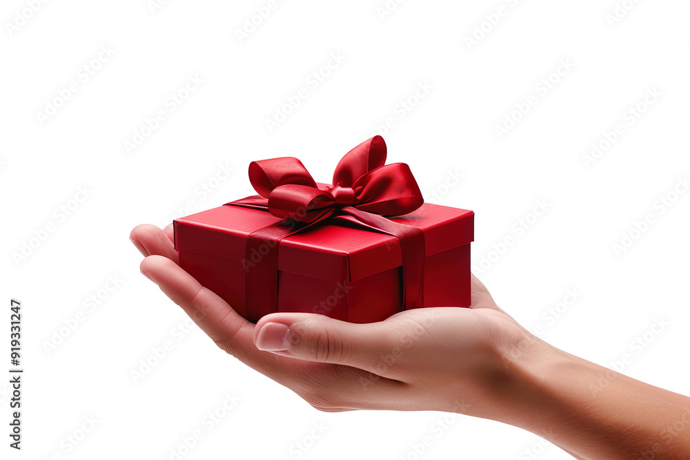 Hand holding a red gift box with a bow on transparent background Hand holding a red gift box with a bow on transparent background