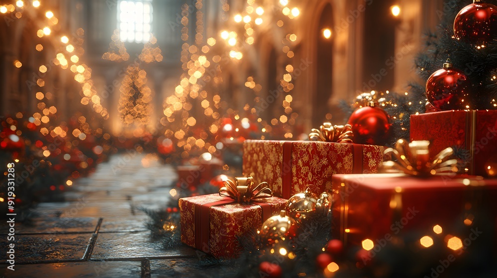 Classic Christmas illustration in 3D, with a festive red color scheme, an abundance of gifts, shiny ornaments, and warm lights, perfect for the holiday season. Classic Christmas illustration in 3D, with a festive red color scheme, an abundance of gifts, shiny ornaments, and warm lights, perfect for the holiday season.