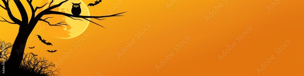 A spooky Halloween background with an owl perched on a branch and bats flying in the night sky. A spooky Halloween background with an owl perched on a branch and bats flying in the night sky.