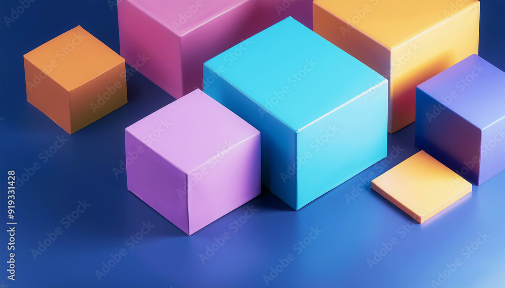 Colorful geometric shapes arranged on a blue surface, ideal for backgrounds or design elements in creative projects. Colorful geometric shapes arranged on a blue surface, ideal for backgrounds or design elements in creative projects.