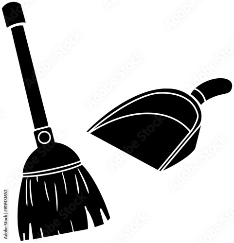 broom illustration housekeeping silhouette dust logo housework icon sweeping outline household equipment dustpan duster brush work cleaner clean house shape floor sweep witch for vector graphic