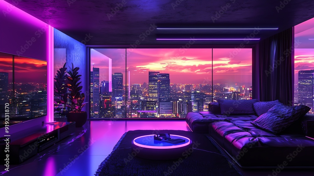 A modern living room with vibrant lighting and a stunning city view at sunset, ideal for urban lifestyle themes. A modern living room with vibrant lighting and a stunning city view at sunset, ideal for urban lifestyle themes.