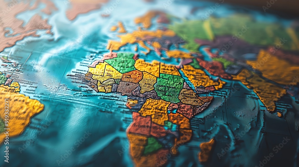 A vibrant close-up of an artistic world map highlighting Africa with rich colors and intricate details, ideal for educational use. A vibrant close-up of an artistic world map highlighting Africa with rich colors and intricate details, ideal for educational use.