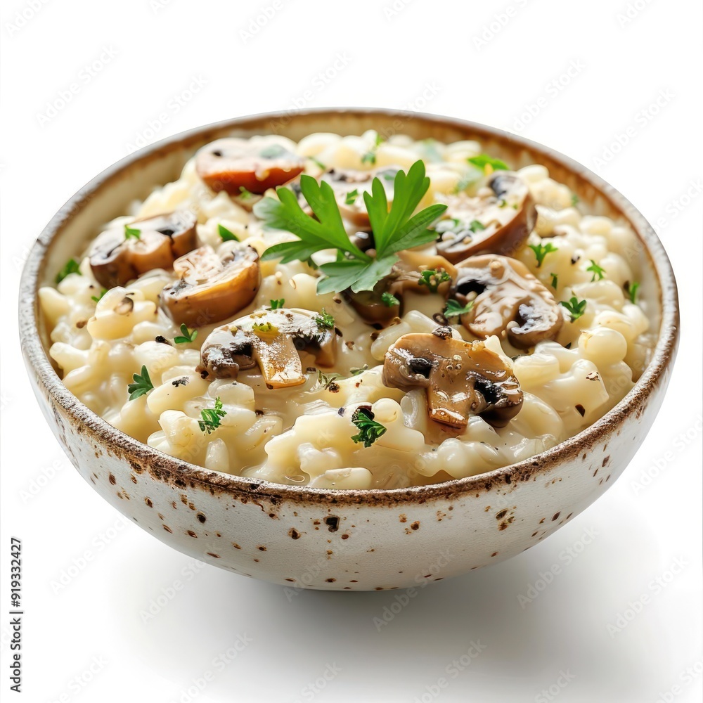 A bowl filled with a creamy, savory mushroom risotto, A bowl filled with a creamy, savory mushroom risotto,