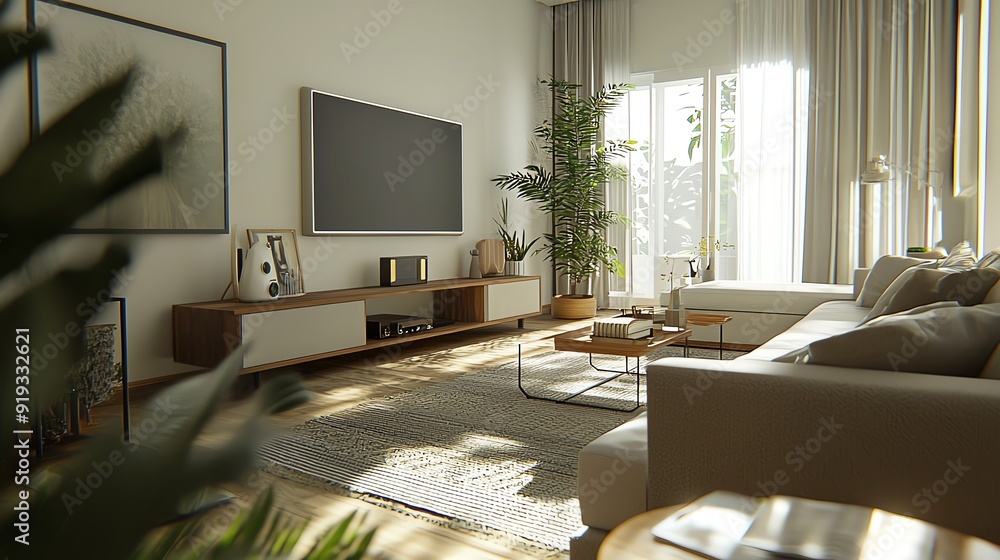 Bright and modern living room interior with natural light, plants, and comfortable furniture, perfect for relaxation and leisure. Bright and modern living room interior with natural light, plants, and comfortable furniture, perfect for relaxation and leisure.