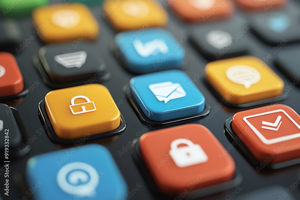 Close-up of colorful computer keys showcasing various modern icons, representing communication, security, and technology. Close-up of colorful computer keys showcasing various modern icons, representing communication, security, and technology.