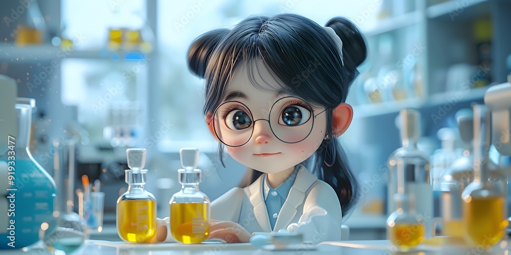 3D Asian researcher working in a laboratory, surrounded by beakers, flasks, and test tubes, highlighting a dynamic scientific environment. The scene captures the essence of innovation, research, and d 3D Asian researcher working in a laboratory, surrounded by beakers, flasks, and test tubes, highlighting a dynamic scientific environment. The scene captures the essence of innovation, research, and d