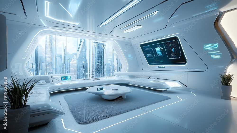 Futuristic living room with sleek design and panoramic city view, featuring modern furniture and ambient lighting. Futuristic living room with sleek design and panoramic city view, featuring modern furniture and ambient lighting.