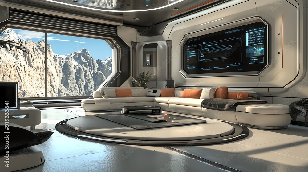 Futuristic living room with panoramic view, sleek design, and modern amenities, perfect for science fiction or contemporary themes. Futuristic living room with panoramic view, sleek design, and modern amenities, perfect for science fiction or contemporary themes.