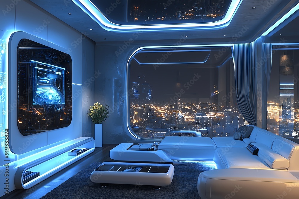Futuristic living room with sleek design and vibrant blue lighting, showcasing a panoramic view of the city skyline at night. Futuristic living room with sleek design and vibrant blue lighting, showcasing a panoramic view of the city skyline at night.