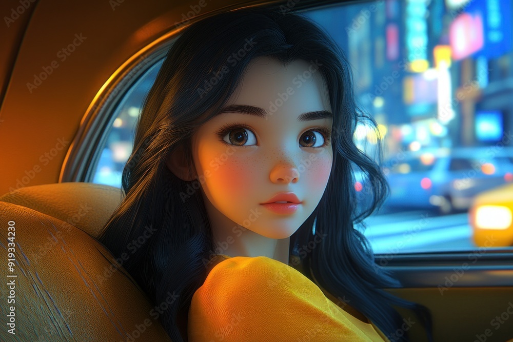 A stunning 3D animation of a young girl sitting in the backseat of a taxi, with a focus on her serene expression as she looks out into the cityscape. The high-quality graphics capture the details of A stunning 3D animation of a young girl sitting in the backseat of a taxi, with a focus on her serene expression as she looks out into the cityscape. The high-quality graphics capture the details of