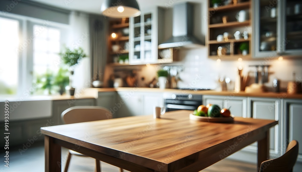 Kitchen Background: a blurred out of focus image of a clean kitchen, and a big wooden table in front of the image Kitchen Background: a blurred out of focus image of a clean kitchen, and a big wooden table in front of the image