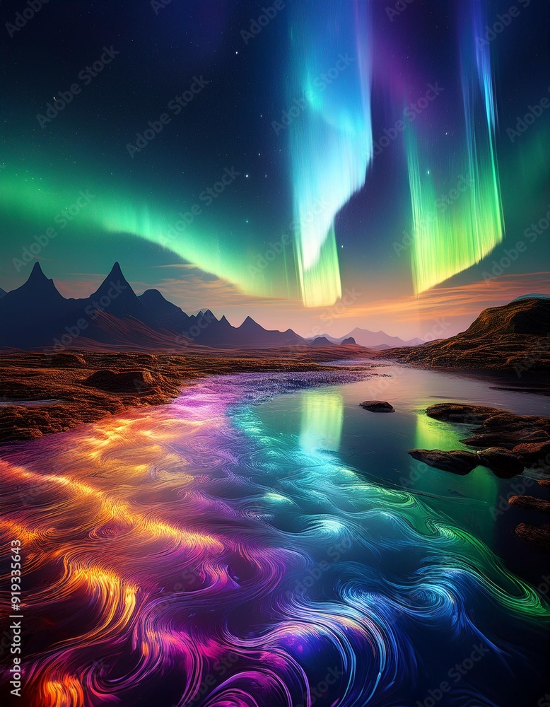 A photographic image of an iridescent fractal, shimmering with a rainbow of color, The background features a surreal, landscape with , swirling patterns. The sky is filled, A photographic image of an iridescent fractal, shimmering with a rainbow of color, The background features a surreal, landscape with , swirling patterns. The sky is filled,