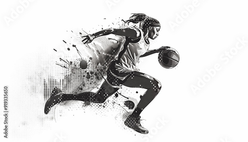 illustration of a running basketball player woman in action on white background. Black halftone dots background. Basketball action female black woman player.
