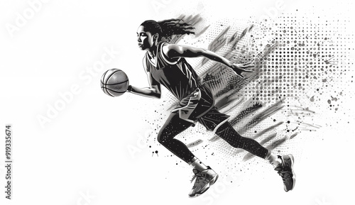 illustration of a running basketball player woman in action on white background. Black halftone dots background. Basketball action female black woman player.